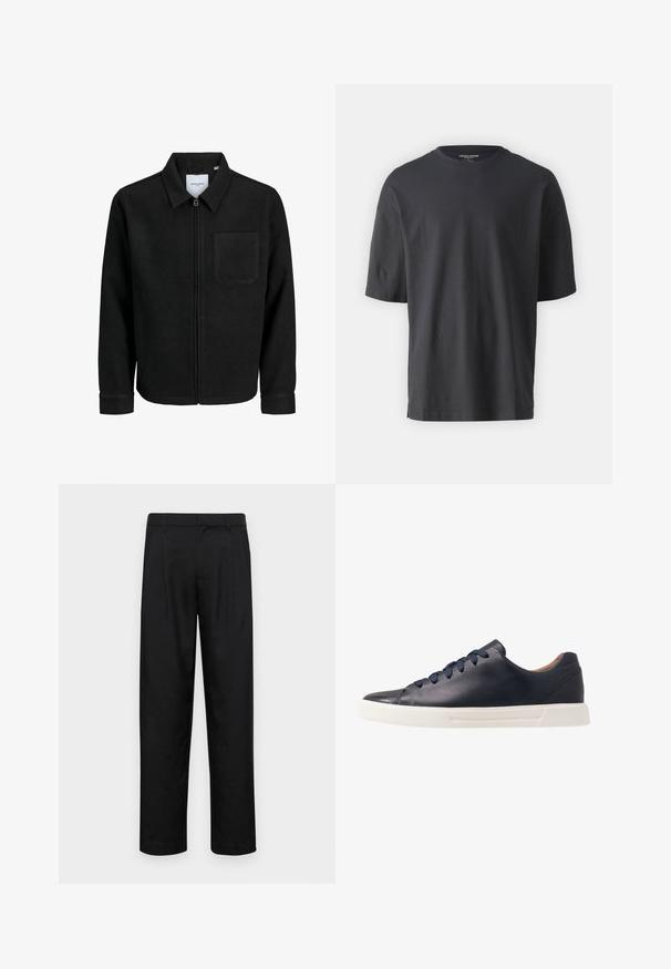 Crna jakna na zip s ovratnikom i jednim džepom na prsima, prikazana na bijeloj pozadini.; Crna majica s kratkim rukavima od pamuka, s okruglim izrezom i opuštenim krojem. Nema vidljivih uzoraka ili naglasaka.; Crne hlače od glatkog materijala, s dizajnom ravnih nogavica, dva prednja nabora i standardnim pojasom s petljama za remen.; Mornarske kožne tenisice s glatkom površinom, ravnim bijelim gumirinim potplatom, okruglim vrhom i šest mornarskih vezica provučenih kroz okrugle rupice.