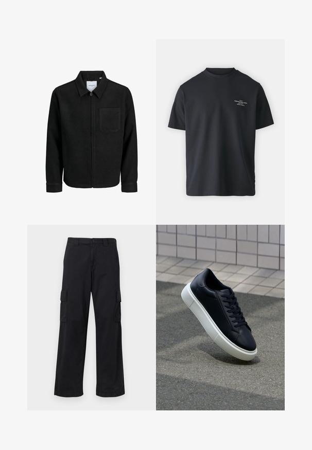 Czarna kurtka z zamkiem na całej długości, z kołnierzem i jedną kieszenią na piersi, umieszczona na białym tle.; Czarny bawełniany t-shirt z okrągłym dekoltem, krótkimi rękawami i małym białym nadrukiem z przodu, charakteryzujący się luźnym krojem i gładką fakturą.; Czarne spodnie cargo wykonane z mieszanki bawełny, w luźnym kroju, z dwiema bocznymi kieszeniami i zapięciem na guzik. Gładka tekstura z minimalnymi zdobieniami.; Czarne skórzane sneakersy z okrągłym noskiem i białą gumową podeszwą. Posiadają płaskie sznurowadła i minimalne przeszycia na cholewce. Teksturowana podeszwa zapewnia przyczepność.