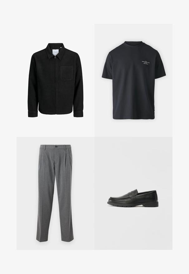 Mustaga lukuga jakker, millel on krae ja üks rinna-tasku, esitatud valgel taustal.; Must mustaga T-särk ümarate kärtega, lühikeste varrukatega ja väikese valge tekstiprindiga ees, millel on lõdva istuvuse ja sileda tekstuuriga.; Hallide ribadega hallid püksid sirge lõikega, nupukinnitusega ning kahe esise pleatiga, valmistatud kvaliteetsest kangast.; Musthave nahkkingad siledast nahast, mokassiini stiilis ülevalt, tikanditega ja kummist tallaga. Klassikaline disain madala kontsaga.