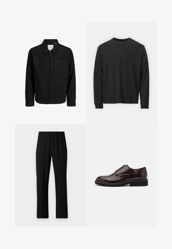 Zwarte zip-up jas met kraag en enkele borstzak, weergegeven op een witte achtergrond.; Zwarte longsleeve T-shirt van katoen, met een ronde halslijn, een losse pasvorm en geribbelde boorden. Glad oppervlak zonder zichtbare patronen.; Zwarte, elastische broek met rechte pijpen, met een gladde textuur en zonder zichtbare patronen of hardware.; Bruine leren Oxford schoen met een glanzende afwerking, ronde neus, vetersluiting en een stevige zwarte rubberen zool. Naaddetails op de bovenkant.