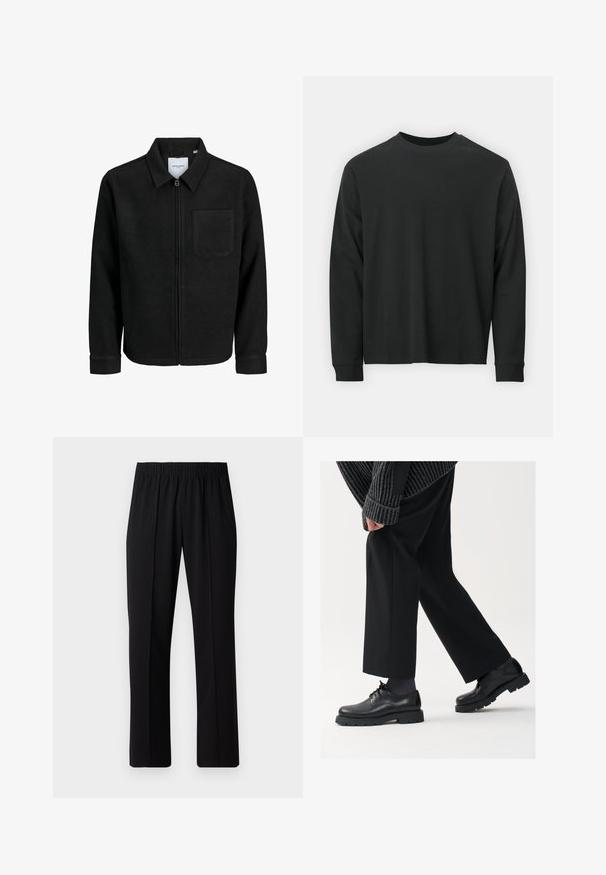Čierna zipsová bunda s golierom a jednou náprsníkou, vystavená na bielom pozadí.; Čierne tričko s dlhým rukávom vyrobené z bavlny, s okrúhlym výstrihom, vo voľnom strihu a rebrovanými manžetami. Hladká textúra bez viditeľných vzorov.; Čierne nohavice s elastickým pásom a rovnými nohavicami, majú hladkú textúru a žiadne viditeľné vzory ani kovové doplnky.; Čierne kožené topánky s okrúhlou špičkou, viazaním a hrubou, štruktúrovanou podrážkou. Nosené s upravenými čiernymi nohavicami a rebrovaným sveterom.