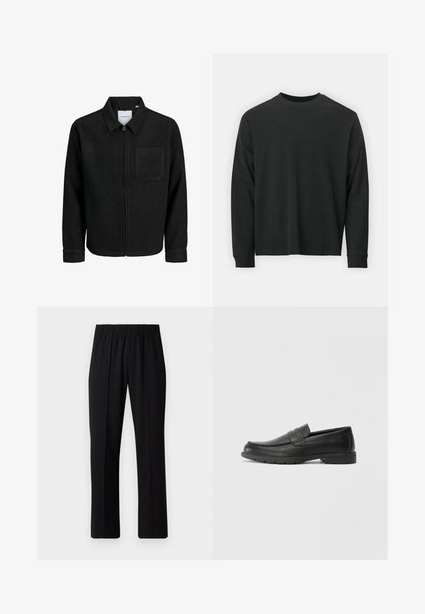 Sort lynlåsjakke med krave og en enkelt brystlomme, vist på hvid baggrund.; Langærmet sort T-shirt lavet af bomuld, med rund halsudskæring, løs pasform og ribbede ærmer. Glat tekstur uden synlige mønstre.; Sorte bukser med elastisk talje og lige ben, der har en glat tekstur og ingen synlige mønstre eller hardware.; Sorte læderslippers med en glat finish, mokkasin-stil overdel, syninger og gummisål. Klassisk design med en lav hæl.