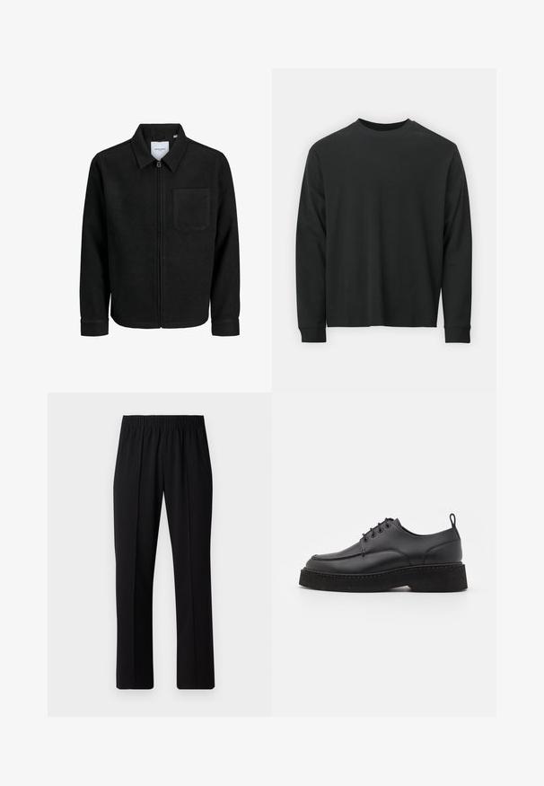 Giacca nera con zip, colletto e una tasca sul petto, mostrata su sfondo bianco.; Maglietta nera a maniche lunghe in cotone, con scollatura rotonda, vestibilità ampia e polsini a costine. Texture liscia senza motivi visibili.; Pantaloni neri con vita elasticizzata e design a gamba dritta, caratterizzati da una texture liscia e senza motivi o hardware visibili.; Scarpa in pelle nera con lacci, punta arrotondata, suola piatta aderente nera e cuciture decorative lungo il bordo. Texture liscia.