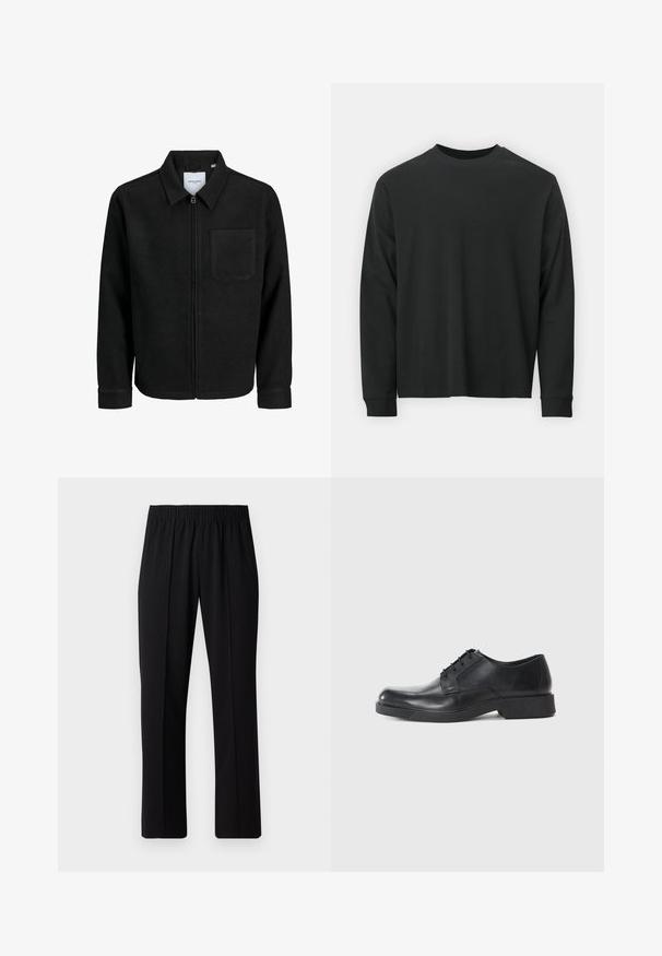 Black zip-up jacket with collar and single chest pocket, displayed on white background.; Long-sleeve black T-shirt made of cotton, featuring a round neckline, loose fit, and ribbed cuffs. Smooth texture with no visible patterns.; Black, elastic-waist trousers with a straight-leg design, featuring a smooth texture and no visible patterns or hardware.; Black leather dress shoe with a rounded toe, lace-up design, and a low block heel. Smooth texture and minimalist profile.