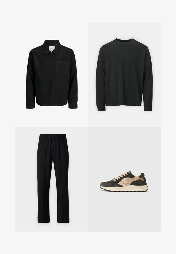 Černá zipová bunda s límečkem a jednou kapsou na hrudi, vystavená na bílém pozadí.; Černé tričko s dlouhými rukávy vyrobené z bavlny, s kulatým výstřihem, volným střihem a žebrovanými manžetami. Hladká textura bez viditelných vzorů.; Černé kalhoty s elastickým pasem a rovnými nohavicemi, s hladkým povrchem a bez viditelných vzorů nebo kovových doplňků.; Hnědé a béžové tenisky s síťovaným svrškem, texturovanými akcenty, šněrováním a bílou a černou podešví s logem na boku.