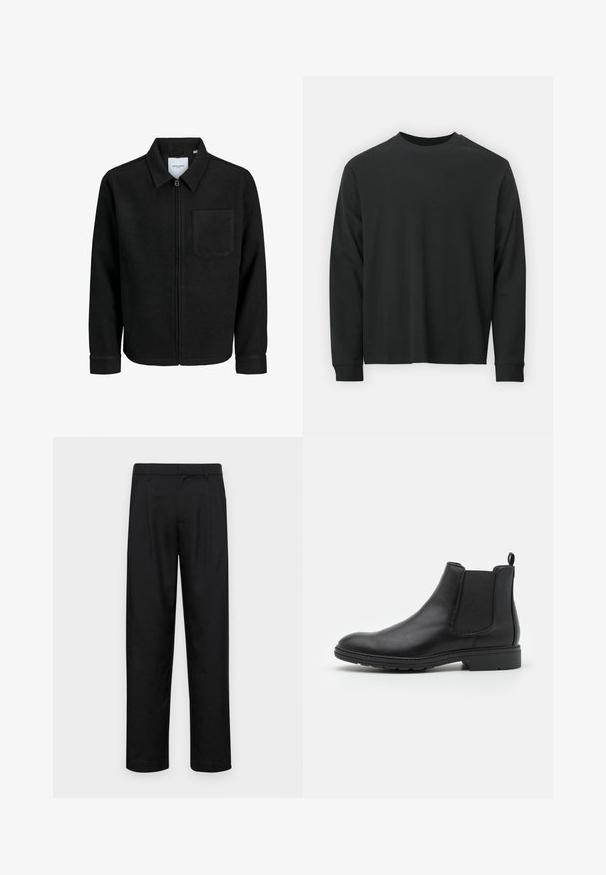 Musta vetoketjullinen takki, jossa on kaulus ja yksi rintatasku, esitelty valkoista taustaa vasten.; Pitkähihaine musta T-paita, joka on valmistettu puuvillasta. Tässä paidassa on pyöreä pääntie, rento istuvuus ja ribbikuvioidut hihansuut. Pintakuvasto on sileä ilman näkyviä kuvioita.; Mustat housut, jotka on valmistettu sileästä kankaasta, suoran lahkeen muotoilulla, kahdella etupleekillä ja tavanomaisella vyötäröllä, jossa on vyölenkit.; Mustat nahkaiset Chelsea-nilkkurit, joissa on joustavat sivupaneelit ja vetoketju, pyöristetty kärki ja teksturoitu kumipohja.