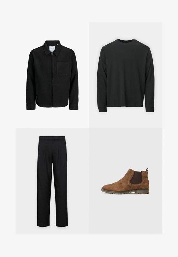 Giacca nera con zip, colletto e una tasca sul petto, mostrata su sfondo bianco.; Maglietta nera a maniche lunghe in cotone, con scollatura rotonda, vestibilità ampia e polsini a costine. Texture liscia senza motivi visibili.; Pantaloni neri realizzati in tessuto liscio, caratterizzati da un taglio dritto, due pieghe frontali e una vita standard con passanti per la cintura.; Stivaletto Chelsea in suede marrone con pannelli elastici laterali, un occhiello di trazione e una suola in gomma testurizzata con scanalature per una maggiore aderenza.