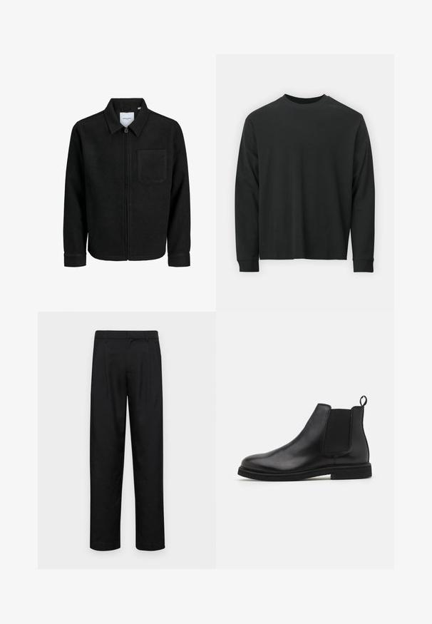 Veste zippée noire avec col et poche poitrine unique, présentée sur fond blanc.; T-shirt noir à manches longues en coton, avec un col rond, une coupe ample et des poignets côtelés. Texture lisse sans motifs visibles.; Pantalons noirs en tissu lisse, avec une coupe droite, deux plis avant et une taille standard avec passants de ceinture.; Bottines Chelsea en cuir noir avec panneaux élastiques sur les côtés et une languette. Bout arrondi et semelle en caoutchouc plate, mettant en valeur une finition lisse.