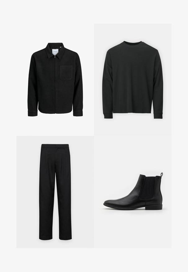 Czarna kurtka z zamkiem na całej długości, z kołnierzem i jedną kieszenią na piersi, umieszczona na białym tle.; Czarna koszulka z długim rękawem, wykonana z bawełny, z okrągłym dekoltem, luźnym krojem i ściągaczami na rękawach. Gładka tekstura bez widocznych wzorów.; Czarne spodnie wykonane z gładkiego materiału, z prostą nogawką, dwoma fałdami z przodu oraz standardowym paskiem z wypustkami na pasek.; Czarne skórzane botki za kostkę z elastycznymi panelami po bokach, zwężającym się czubkiem i niskim blokowym obcasem. Gładka textura z pętelką z tyłu.