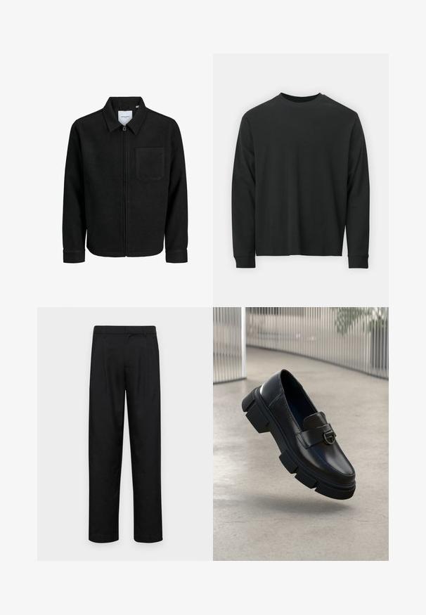 Crna jakna na zip s ovratnikom i jednim džepom na prsima, prikazana na bijeloj pozadini.; Dugi rukav crni majica od pamuka, s okruglim izrezom, slobodnog kroja i rebrastim manžetama. Glatka tekstura bez vidljivih uzoraka.; Crne hlače od glatkog materijala, s dizajnom ravnih nogavica, dva prednja nabora i standardnim pojasom s petljama za remen.; Crni kožni mokasini s debelim gumenim potplatom i izraženim uzorkom. Imaju prednji remen s okruglim metalnim detaljem.