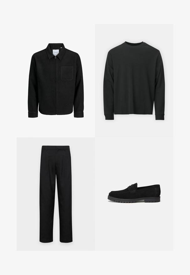 Chaqueta negra con cremallera y cuello, con un solo bolsillo en el pecho, expuesta sobre un fondo blanco.; Camiseta negra de manga larga, hecha de algodón, con escote redondo, corte holgado y puños acanalados. Textura suave sin patrones visibles.; Pantalones negros de tela suave, con un diseño de pierna recta, dos pliegues frontales y una cintura estándar con trabillas para el cinturón.; Mocasines de ante negro con punta redonda y un acento cosido en la parte frontal. Suela de goma con surcos visibles para mayor tracción.