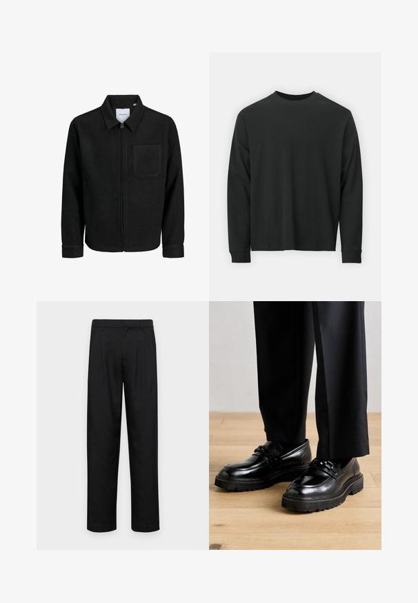 Juodas džemperis su užtrauktuku, apykakle ir vienu krūtiniu kišenėje, pristatytas baltame fone.; Ilga melsva juoda marškinėliai, pagaminti iš medvilnės, su apvaliu iškirpimu, laisvu siluetu ir ripsuota apykakle. Lygus paviršius be matomų raštų.; Juodi kelnių modeliai, pagaminti iš lygios medžiagos, turi tiesią kojas, du priekiniai klostės ir standartinę juosmenį su diržo kilpomis.; Juodi odiniai batai su lygia apdaila, turintys plačią padą ir dekoratyvines kryžmines juosteles ant pėdos. Dėvimi su pritaikytomis juodomis kelnėmis.