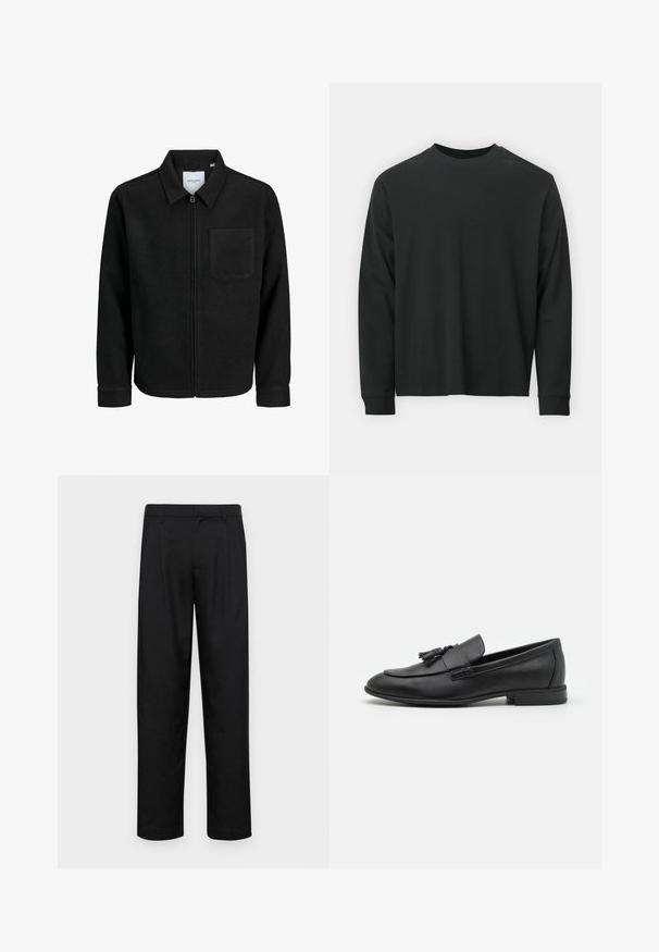 Črna jakna z zadrgo in ovratnikom ter enim žepom na prsih, prikazana na beli podlagi.; Dolga majica iz črnega bombaža z dolgimi rokavi, okroglim izrezom in ohlapnim krojem ter rebrastimi manšetami. Gladka tekstura brez vidnih vzorcev.; Črne hlače iz gladkega materiala, s krojem ravne noge, dvema sprednjima pregiboma in standardnim pasom z zankami za pas.; Črne usnjene loafer čevlje z gladko površino, okrašeni s kemičnimi črkami spredaj, zaobljenim prstom in nizko peto. Preprost in eleganten design.