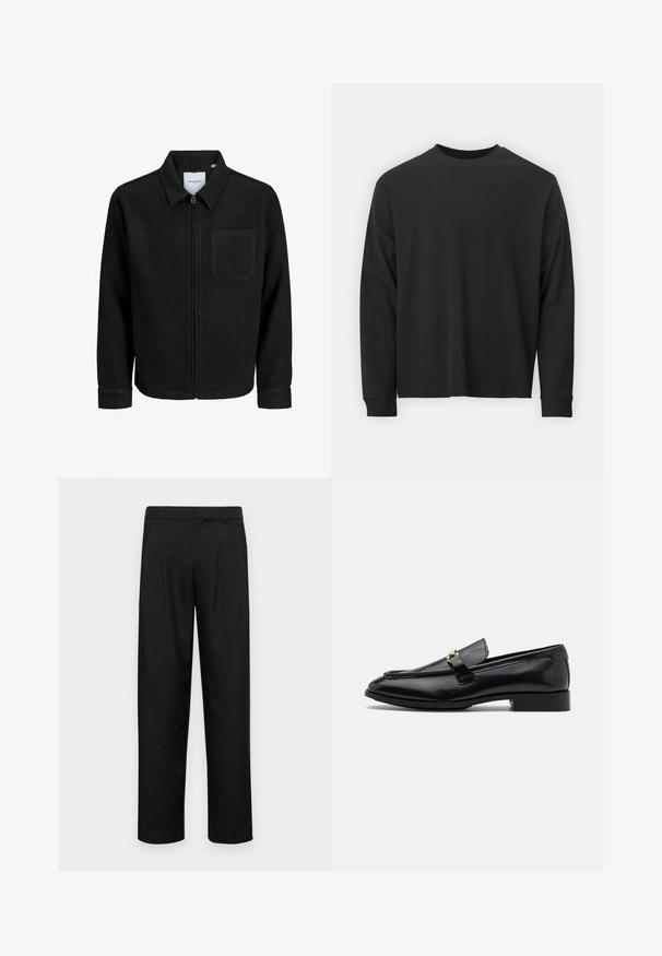 Juodas džemperis su užtrauktuku, apykakle ir vienu krūtiniu kišenėje, pristatytas baltame fone.; Ilga melsva juoda marškinėliai, pagaminti iš medvilnės, su apvaliu iškirpimu, laisvu siluetu ir ripsuota apykakle. Lygus paviršius be matomų raštų.; Juodi kelnių modeliai, pagaminti iš lygios medžiagos, turi tiesią kojas, du priekiniai klostės ir standartinę juosmenį su diržo kilpomis.; Juodos odinės loafer'iai su apvalia nosia, siuvinėjimo akcentais, mažu kulnu ir auksinėmis detalėmis ant dirželio. Visas paviršius lygus.