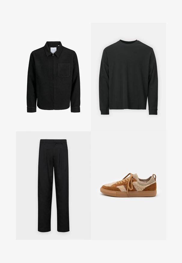 Črna jakna z zadrgo in ovratnikom ter enim žepom na prsih, prikazana na beli podlagi.; Dolga majica iz črnega bombaža z dolgimi rokavi, okroglim izrezom in ohlapnim krojem ter rebrastimi manšetami. Gladka tekstura brez vidnih vzorcev.; Črne hlače iz gladkega materiala, s krojem ravne noge, dvema sprednjima pregiboma in standardnim pasom z zankami za pas.; Teniske v tan in bež barvi z zgornjim delom iz mešanice usnja in volne, okrogla konica, bombažni vezalke in gumijast podplat. Strukture površine in kontrastni barvni paneli.