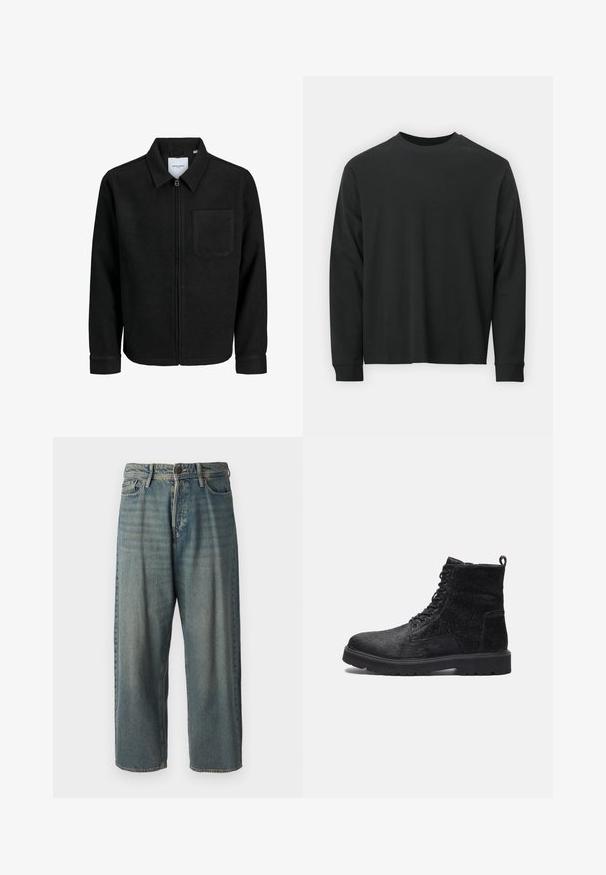 Černá zipová bunda s límečkem a jednou kapsou na hrudi, vystavená na bílém pozadí.; Černé tričko s dlouhými rukávy vyrobené z bavlny, s kulatým výstřihem, volným střihem a žebrovanými manžetami. Hladká textura bez viditelných vzorů.; Světle modré denimové džíny s volným střihem, středně vysokým pasem a rovnými nohavicemi. Obsahují pět kapes, poutka na opasek a zapínání na knoflík.; Černé kotníkové boty s texturovaným svrškem, se šněrováním v přední části, pevným gumovým podešví a poutkem na zadní straně pro snadné obouvání.