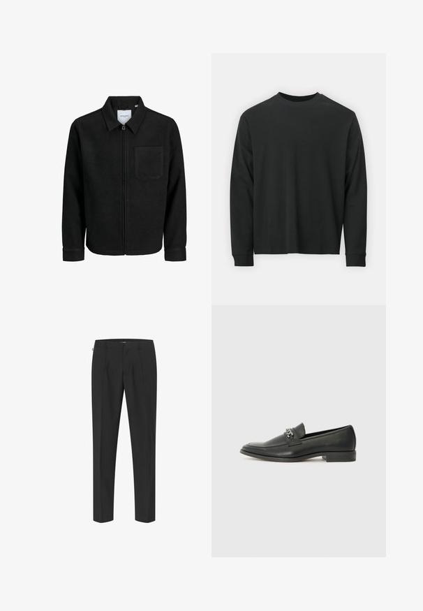 Černá zipová bunda s límečkem a jednou kapsou na hrudi, vystavená na bílém pozadí.; Černé tričko s dlouhými rukávy vyrobené z bavlny, s kulatým výstřihem, volným střihem a žebrovanými manžetami. Hladká textura bez viditelných vzorů.; Černé upravené kalhoty s elegantním designem, obsahující přední sklady, rovné nohavice a hladkouTexturu. Minimální kovové doplňky a žádné viditelné vzory.; Černé kožené mokasíny s hladkým povrchem, s prošívaným designem a dekoračním kovovým řetízkem přes nárt. Plochý podpatek.
