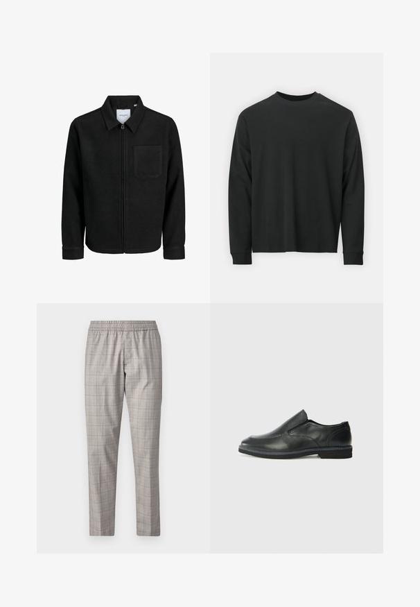 Černá zipová bunda s límečkem a jednou kapsou na hrudi, vystavená na bílém pozadí.; Černé tričko s dlouhými rukávy vyrobené z bavlny, s kulatým výstřihem, volným střihem a žebrovanými manžetami. Hladká textura bez viditelných vzorů.; Jack & Jones PREMIUM STKANE EDWIN - Kalhoty - otter; Černá kožená nazouvací bota s hladkým svrškem, prošívanými detaily, zaoblenou špičkou a nízkým gumovým podpatkem. Podešev má minimální vzorek.