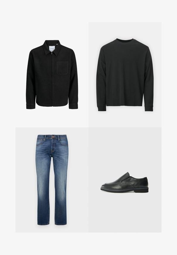 Črna jakna z zadrgo in ovratnikom ter enim žepom na prsih, prikazana na beli podlagi.; Dolga majica iz črnega bombaža z dolgimi rokavi, okroglim izrezom in ohlapnim krojem ter rebrastimi manšetami. Gladka tekstura brez vidnih vzorcev.; Jeans iz džinsa v srednje modri barvi, z ravnim krojem. Srednje visok pas z rahlim bledenjem in kontrastnim šivom. Oblika s petimi žepi.; Črne usnjene natikače z gladkim zgornjim delom, prišitimi detajli, zaobljenim nosom in nizkim gumijastim petkom. Podplat ima minimalen profil.