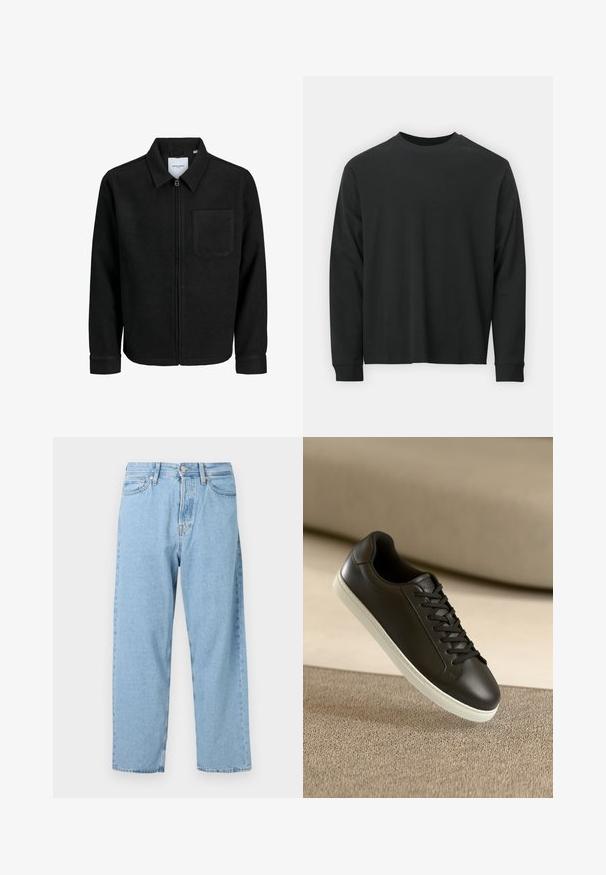 Veste zippée noire avec col et poche poitrine unique, présentée sur fond blanc.; T-shirt noir à manches longues en coton, avec un col rond, une coupe ample et des poignets côtelés. Texture lisse sans motifs visibles.; Jean taille haute bleu clair, coupe droite, avec cinq poches et une fermeture à bouton et zip à l'avant.; Baskets en cuir noir avec une semelle en caoutchouc blanc et des lacets noirs, posées sur une surface et un fond en tissu beige.