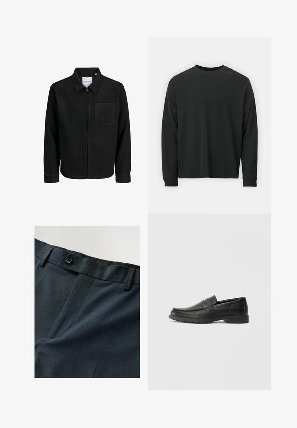 Giacca nera con zip, colletto e una tasca sul petto, mostrata su sfondo bianco.; Maglietta nera a maniche lunghe in cotone, con scollatura rotonda, vestibilità ampia e polsini a costine. Texture liscia senza motivi visibili.; Pantaloni blu navy in tessuto testurizzato, con chiusura a un solo bottone e fronte liscia. Un motivo sottile aggiunge interesse visivo.; Mocassini neri in pelle con una finitura liscia, parte superiore in stile mocassino, dettagli cuciti e suola in gomma. Design classico con tacco basso.