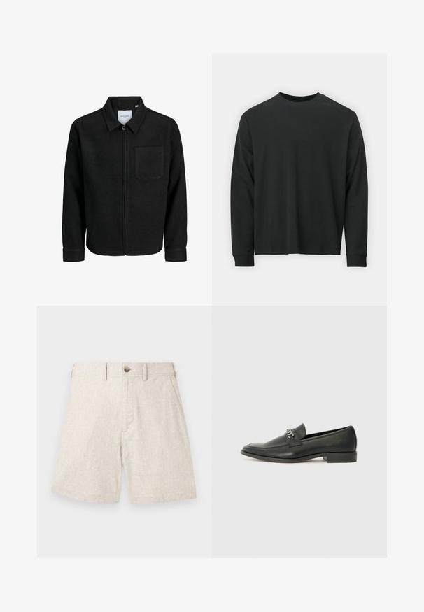 Chaqueta negra con cremallera y cuello, con un solo bolsillo en el pecho, expuesta sobre un fondo blanco.; Camiseta negra de manga larga, hecha de algodón, con escote redondo, corte holgado y puños acanalados. Textura suave sin patrones visibles.; Pantalones cortos de lino beige claro con una tela texturizada, que cuentan con un cierre de botón en la parte delantera, dos bolsillos laterales y un diseño ajustado.; Mocasín de cuero negro con un acabado suave, que cuenta con un diseño de costura y un acento decorativo de cadena de metal en el empeine. Tacón plano.