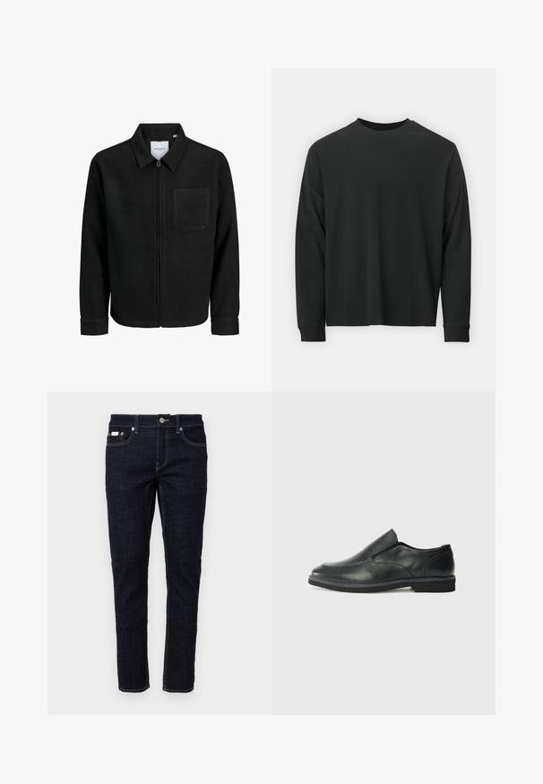 Veste zippée noire avec col et poche poitrine unique, présentée sur fond blanc.; T-shirt noir à manches longues en coton, avec un col rond, une coupe ample et des poignets côtelés. Texture lisse sans motifs visibles.; Jean en denim bleu foncé avec une coupe slim, cinq poches, couture traditionnelle et fermeture à bouton en métal à la taille. Texture nette.; Chaussure slip-on en cuir noir avec une tige lisse, des accents cousus, un bout arrondi et un petit talon en caoutchouc. La semelle présente un profil de traction minimal.