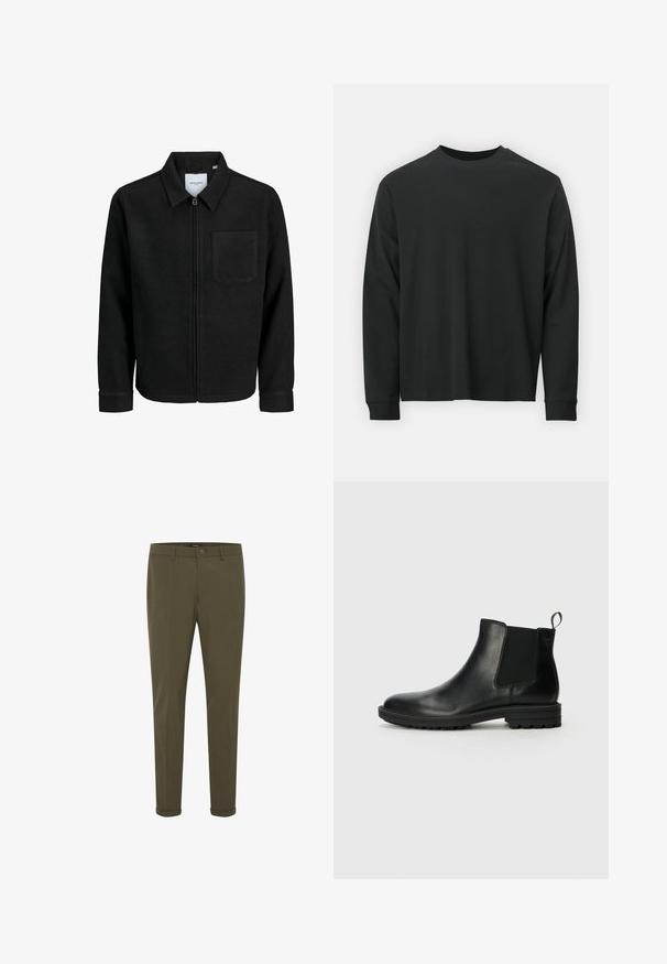 Črna jakna z zadrgo in ovratnikom ter enim žepom na prsih, prikazana na beli podlagi.; Dolga majica iz črnega bombaža z dolgimi rokavi, okroglim izrezom in ohlapnim krojem ter rebrastimi manšetami. Gladka tekstura brez vidnih vzorcev.; Olive zelene hlače s ravnim krojem, gumbom za zapiranje in zavitimi manšetami. Narejene iz gladkega materiala z diskretno teksturo.; Jack & Jones JFWHOSKINS - Klasični gležnjarji - anthracite