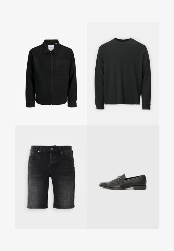 Melna jaka ar rāvējslēdzēju un apkakli, vienu krūšu kabatu, parādīta uz baltas fona.; Garās piedurknes melna T-kreklā, izgatavota no kokvilnas, ar apaļu kakla izgriezumu, brīvu piegriezumu un ribotām piedurknēm. Gluda tekstūra bez redzamām rakstainēm.; Melnas džinsa šorti ar taisnu griezumu, piecu kabatu dizainu un kontrastējošiem šuvēm. Iekļauj metāla pogu un tumšā mazgāšanas tekstūru.; Melna ādas loafer izmēra apavi ar gludu virsmu, piedāvā ar šūtu dizainu un dekoratīvu metāla ķēdes akcentu pār vampu. Plakana papēža daļa.
