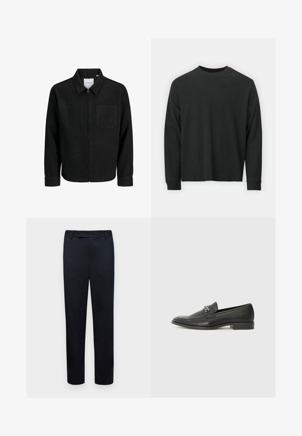 Jachetă neagră cu fermoar, cu guler și un singur buzunar pe piept, expusă pe fundal alb.; Tricou negru cu mânecă lungă, realizat din bumbac, cu guler rotund, croială lejeră și manșete ribbate. Textură netedă, fără modele vizibile.; Pantaloni negri cu o croială ajustată. Prezintă o textură netedă, curea pentru brâu și deschideri pentru buzunare frontale. Design cu picior drept.; Pantofii negri din piele cu un finisaj neted, având un design cusut și un accent decorativ de lanț metalic peste partea de sus. Toc plat.