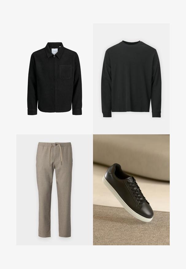 Zwarte zip-up jas met kraag en enkele borstzak, weergegeven op een witte achtergrond.; Zwarte longsleeve T-shirt van katoen, met een ronde halslijn, een losse pasvorm en geribbelde boorden. Glad oppervlak zonder zichtbare patronen.; Beige broek met een elastische tailleband, trekkoordsluiting en een rechte pasvorm. Materiaal heeft een subtiele textuur.; Zwarte leren sneakers met een witte rubberen zool en zwarte veters, gepositioneerd tegen een beige stoffen oppervlak en achtergrond.