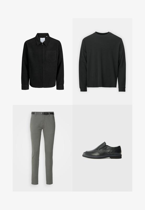 Mustaga lukuga jakker, millel on krae ja üks rinna-tasku, esitatud valgel taustal.; Pika pikkade varrukatega must T-särk, mis on valmistatud puuvillast, ümarate kaelustega, lohvaka lõikega ja soonikute mansettidega. Sujuv tekstuur, ilma nähtavate mustriteta.; Hallid puuvillased chinos, millel on kitsas lõige, must vöö, kaks küljetaskut ja lihtne disain. Pehme tekstuur, ilma nähtavate mustriteta.; Must musta laia suuga king, millel on sile ülemine osa, õmmeldud detailid, ümmargune nina ja madal kummist konts. Tallal on minimaalne mustr.