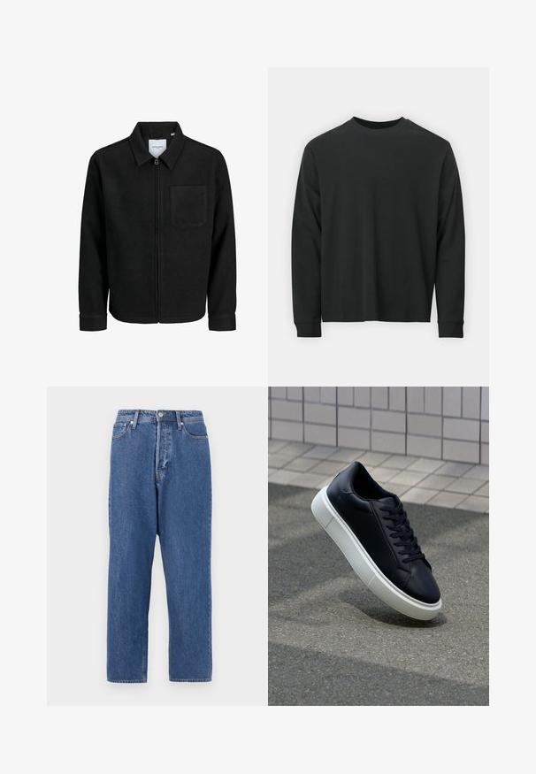 Juodas džemperis su užtrauktuku, apykakle ir vienu krūtiniu kišenėje, pristatytas baltame fone.; Ilga melsva juoda marškinėliai, pagaminti iš medvilnės, su apvaliu iškirpimu, laisvu siluetu ir ripsuota apykakle. Lygus paviršius be matomų raštų.; Mėlyni džinsai su laisvu kirpimu, penkių kišenių dizainu ir priekiniais sagų užsegimais. Medžiaga pasižymi išblukusiu skalbimu ir subtiliu tekstūru.; Juodas odinis sportbačius su apvaliu pirštu ir baltu gumuotu padu. Turi plokščias raišteles ir minimalų siuvimą viršuje. Padangos tekstūra užtikrina sukibimą.