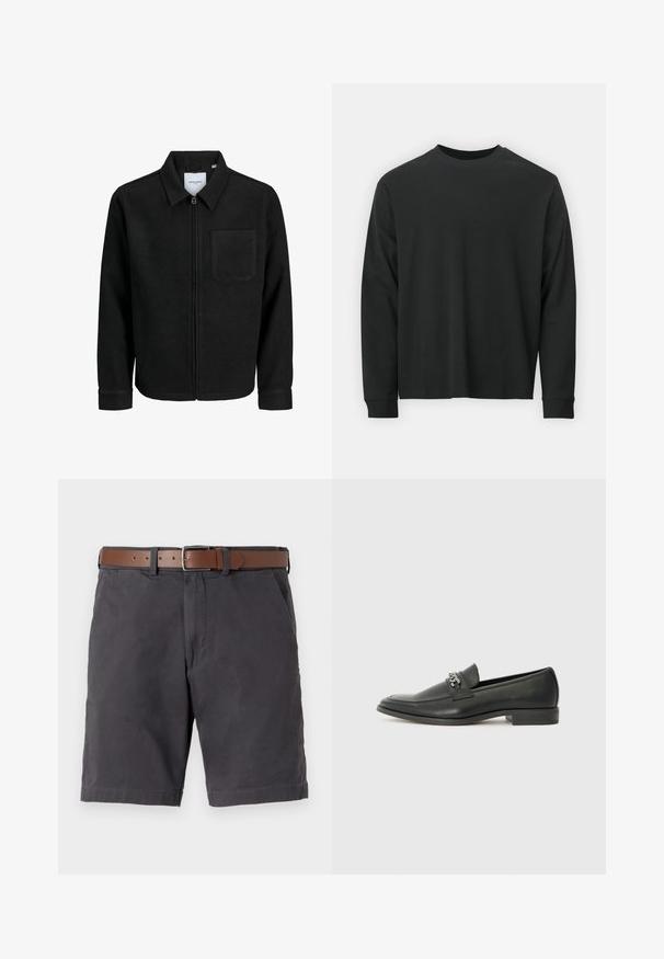 Melna jaka ar rāvējslēdzēju un apkakli, vienu krūšu kabatu, parādīta uz baltas fona.; Garās piedurknes melna T-kreklā, izgatavota no kokvilnas, ar apaļu kakla izgriezumu, brīvu piegriezumu un ribotām piedurknēm. Gluda tekstūra bez redzamām rakstainēm.; Tumši pelēki kokvilnas šorti ar brūnu ādas jostu, priekšējām kabatām un šūtiem maliņu detaļām.; Melna ādas loafer izmēra apavi ar gludu virsmu, piedāvā ar šūtu dizainu un dekoratīvu metāla ķēdes akcentu pār vampu. Plakana papēža daļa.