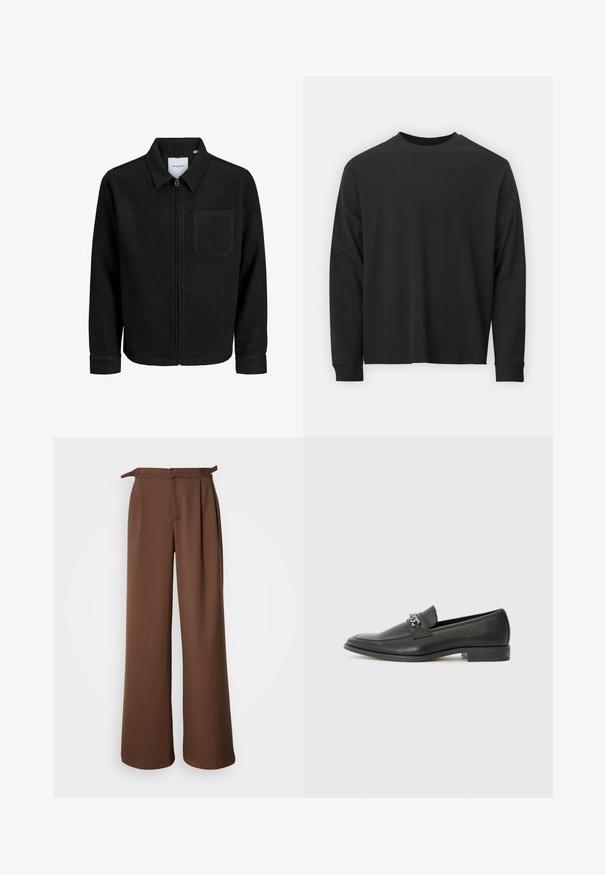 Fekete, zipzáros dzseki gallérral és egyetlen mellzsebbel, fehér háttéren.; Fekete, hosszú ujjú póló, 100% pamutból készült, kerek nyakkivágással, bő szabású, bordázott mandzsettákkal. Simaság jellemzi, látható mintázat nélkül.; Barna, laza lábú nadrág, puha anyagból készült. Magas derekú, redőzött fazonnal és oldalsó megkötőkkel rendelkezik, amely kényelmes szabást és sima tapintást kínál.; Fekete bőr loaferek sima felülettel, varrott mintával és díszítő fém lánccal a cipő elején. Lapos sarok.
