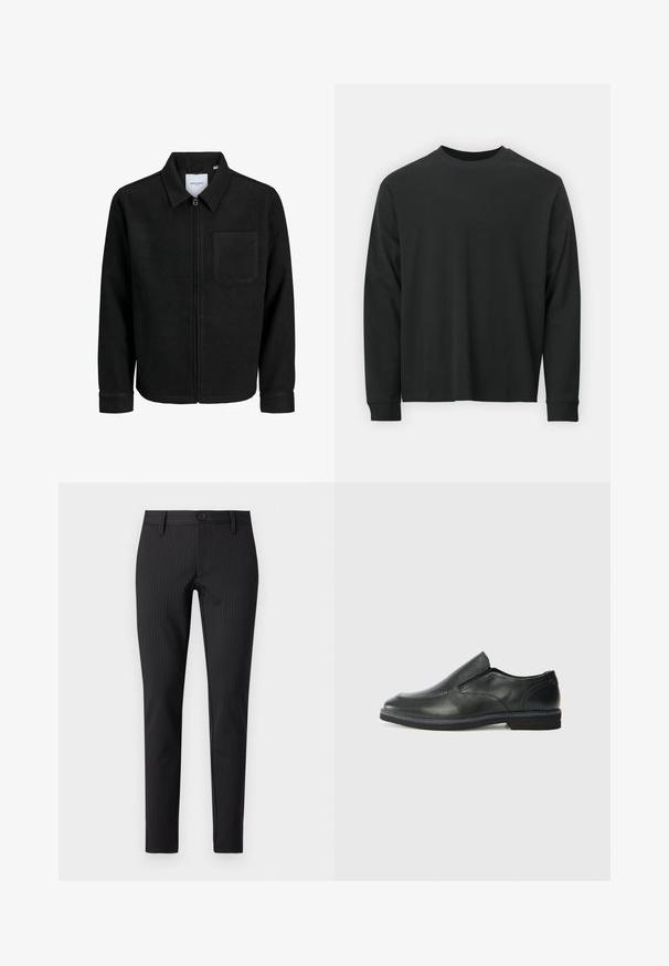 Black zip-up jacket with collar and single chest pocket, displayed on white background.; Long-sleeve black T-shirt made of cotton, featuring a round neckline, loose fit, and ribbed cuffs. Smooth texture with no visible patterns.; Black pinstripe trousers with a flat front, slim fit, featuring a button closure and belt loops, made from a smooth textile material.; Black leather slip-on shoe with a smooth upper, stitched accents, rounded toe, and a low rubber heel. Sole features minimal tread.