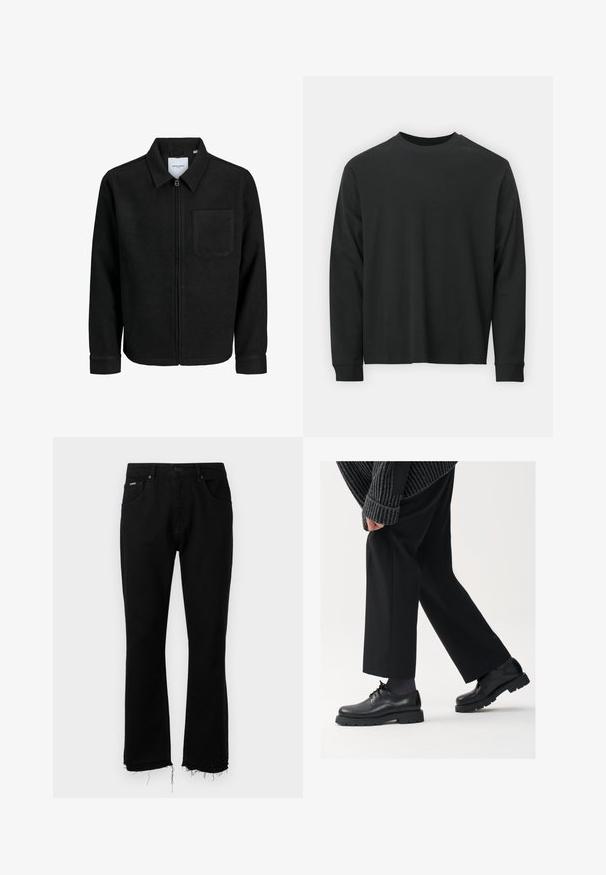 Melna jaka ar rāvējslēdzēju un apkakli, vienu krūšu kabatu, parādīta uz baltas fona.; Garās piedurknes melna T-kreklā, izgatavota no kokvilnas, ar apaļu kakla izgriezumu, brīvu piegriezumu un ribotām piedurknēm. Gluda tekstūra bez redzamām rakstainēm.; Melnas džinsu bikses ar izplūdušu formu, kurām ir saplēsta apakšdaļa, divas priekšējās kabatas un viena aizmugurējā kabata. Metāla pogas aizdare jostasvietā.; Melni ādas apavi ar noapaļotu purngalu, aukliņu dizainu un biezu, teksturētu zoli. Valkāti ar piegrieztām melnām biksēm un ribotu džempera.