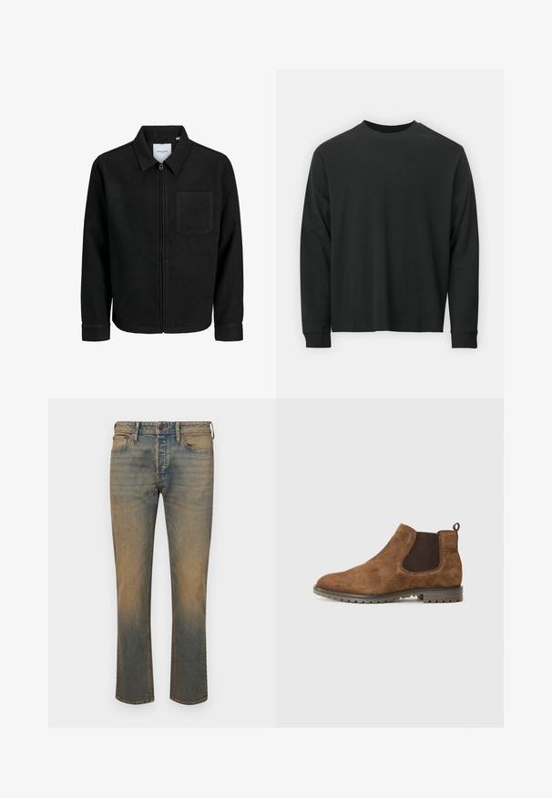 Jachetă neagră cu fermoar, cu guler și un singur buzunar pe piept, expusă pe fundal alb.; Tricou negru cu mânecă lungă, realizat din bumbac, cu guler rotund, croială lejeră și manșete ribbate. Textură netedă, fără modele vizibile.; Jeanși din denim albastru decolorat cu croială dreaptă, având cinci buzunare, cusături contrastante și o nuanță ușor mai deschisă la tiv.; Botină Chelsea din suede maro, cu panouri laterale elastice, o buclă de tragere și o talpă din cauciuc texturată, având caneluri pentru aderență.