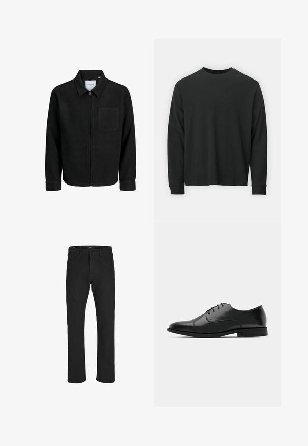 Musta vetoketjullinen takki, jossa on kaulus ja yksi rintatasku, esitelty valkoista taustaa vasten.; Pitkähihaine musta T-paita, joka on valmistettu puuvillasta. Tässä paidassa on pyöreä pääntie, rento istuvuus ja ribbikuvioidut hihansuut. Pintakuvasto on sileä ilman näkyviä kuvioita.; R.D.D. ROYAL DENIM DIVISION RDD - Straight leg -farkut - black denim; Musta nahkakengät, joissa on pyöristetty varvas, nauhakiinnitys, hienovaraiset ompeluyksityiskohdat ja matala korko. Sujuva pinta kiillotetulla viimeistelyllä.