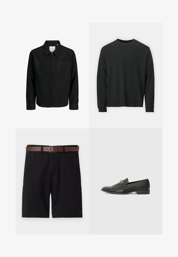 Black zip-up jacket with collar and single chest pocket, displayed on white background.; Long-sleeve black T-shirt made of cotton, featuring a round neckline, loose fit, and ribbed cuffs. Smooth texture with no visible patterns.; Black cotton shorts featuring a brown leather belt. The design includes front pockets and a straight cut with finished hems.; Black leather loafer with a smooth finish, featuring a stitched design and a decorative metal chain accent across the vamp. Flat heel.