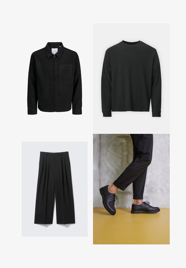 Chaqueta negra con cremallera y cuello, con un solo bolsillo en el pecho, expuesta sobre un fondo blanco.; Camiseta negra de manga larga, hecha de algodón, con escote redondo, corte holgado y puños acanalados. Textura suave sin patrones visibles.; Pantalones negros de pierna ancha con pliegues, cierre de botón y trabillas para cinturón, mostrados planos sobre un fondo neutro.; Zapatos de cuero negro con cordones, con una puntera redondeada, superficie texturizada y suela de goma gruesa. Llevados con pantalones negros arremangados contra un fondo de concreto.