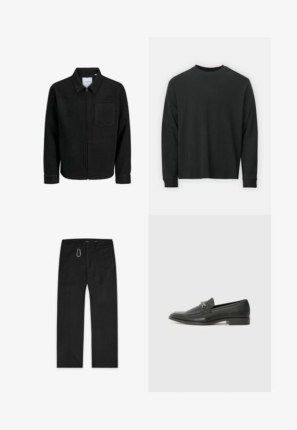 Schwarze Zip-Jacke mit Kragen und einer einzelnen Brusttasche, auf weißem Hintergrund präsentiert.; Langärmliges schwarzes T-Shirt aus Baumwolle, mit Rundhalsausschnitt, lockerer Passform und gerippten Bündchen. Weiche Textur ohne sichtbare Muster.; Schwarze Hose aus gewebtem Stoff mit geradem Bein, zwei seitlichen Taschen, einem Reißverschluss vorne und einem äußeren Schlaufen-Detail.; Schwarzer Lederloafer mit glatter Oberfläche, ausgestattet mit einer gesteppten Gestaltung und einem dekorativen Metallkettendetail über dem Vorderblatt. Flacher Absatz.