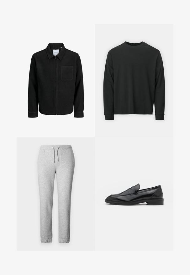 Sort lynlåsjakke med krave og en enkelt brystlomme, vist på hvid baggrund.; Langærmet sort T-shirt lavet af bomuld, med rund halsudskæring, løs pasform og ribbede ærmer. Glat tekstur uden synlige mønstre.; Grå joggers lavet af blødt stof, med elastisk talje med snor, elastiske manchetter og en glat overflade.; Sorte læder loafers med en glat overflade, der har en rund tå og en smal bånd over det øverste. Lav stablet hæl.