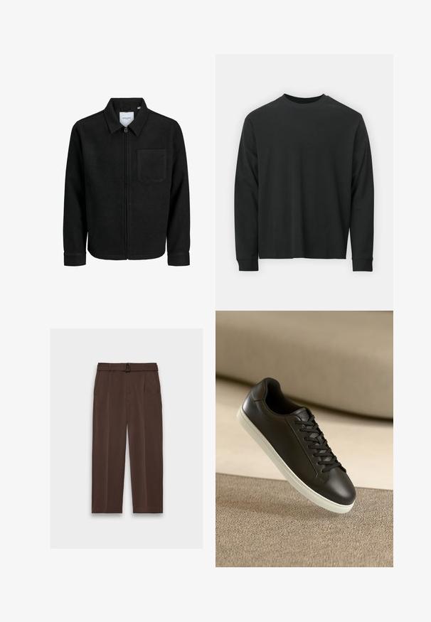 Jachetă neagră cu fermoar, cu guler și un singur buzunar pe piept, expusă pe fundal alb.; Tricou negru cu mânecă lungă, realizat din bumbac, cu guler rotund, croială lejeră și manșete ribbate. Textură netedă, fără modele vizibile.; Pantaloni maro cu o curea, având talie înaltă, față pliată și buzunare laterale; confecționați dintr-un material texturat și neted.; Sneaker din piele neagră cu talpă din cauciuc alb și șireturi negre, plasat pe o suprafață și un fundal din material bej.