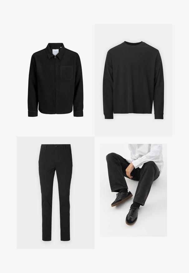 Black zip-up jacket with collar and single chest pocket, displayed on white background.; Long-sleeve black T-shirt made of cotton, featuring a round neckline, loose fit, and ribbed cuffs. Smooth texture with no visible patterns.; Black slim-fit trousers made of cotton blend fabric, featuring front pockets, a button closure, and a smooth texture without patterns.; Black sneakers with a smooth and textured upper, featuring a rubber sole and dark laces. Paired with black jeans and a white striped shirt.