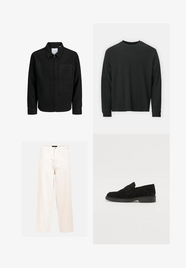 Črna jakna z zadrgo in ovratnikom ter enim žepom na prsih, prikazana na beli podlagi.; Dolga majica iz črnega bombaža z dolgimi rokavi, okroglim izrezom in ohlapnim krojem ter rebrastimi manšetami. Gladka tekstura brez vidnih vzorcev.; Svetlo bež široke jeans hlače iz bombažnega denima z visokim pasom, petimi žepi in enim sprednjim gumbom.; Črne zakončene loafer čevlje z nizko peto, ki imajo preprost pas čez zgornji del in teksturno obdelavo ob straneh.