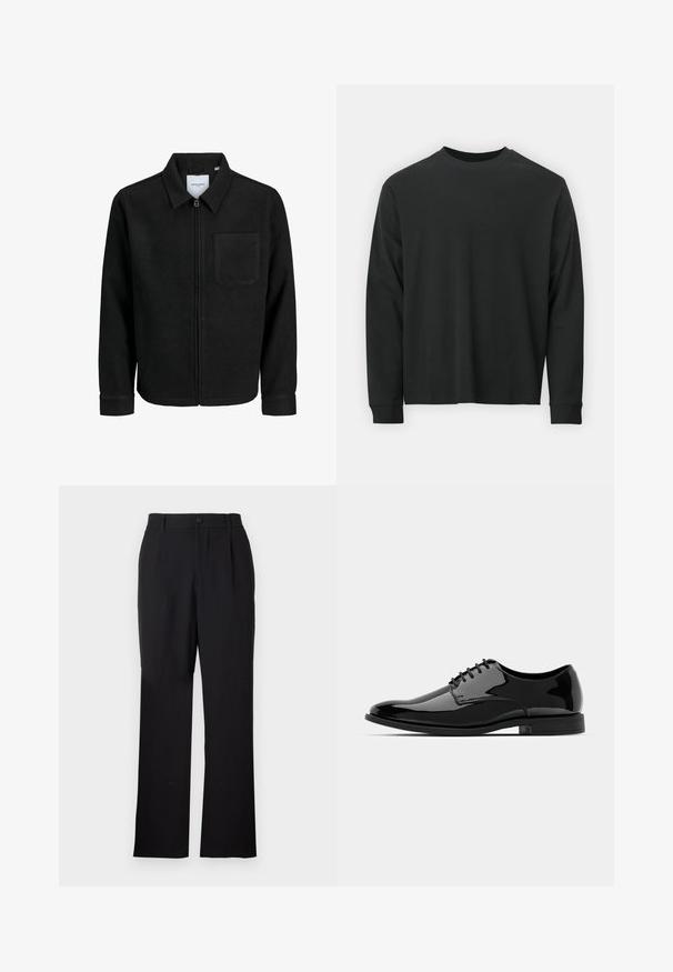 Black zip-up jacket with collar and single chest pocket, displayed on white background.; Long-sleeve black T-shirt made of cotton, featuring a round neckline, loose fit, and ribbed cuffs. Smooth texture with no visible patterns.; Only & Sons ONSJEREMY LOOSE PANT - Trousers - black; Black patent leather dress shoe with a rounded toe, lace-up design, and smooth, shiny surface. Features a low-profile rubber sole.
