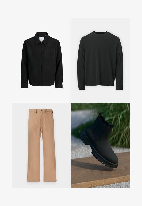Musta vetoketjullinen takki, jossa on kaulus ja yksi rintatasku, esitelty valkoista taustaa vasten.; Pitkähihaine musta T-paita, joka on valmistettu puuvillasta. Tässä paidassa on pyöreä pääntie, rento istuvuus ja ribbikuvioidut hihansuut. Pintakuvasto on sileä ilman näkyviä kuvioita.; Khakinväriset suoralahkeiset chinot, valmistettu puuvillatrikoosta, joissa on napillinen suljin ja vyölenkit, yksivärinen rakenne ilman näkyviä kuvioita.; Musta nilkkuri, jossa on sileä pinta, joustavat sivupaneelit ja paksu, kova pohja. Aseteltu luonnolliseen taustaan puupinnalle.