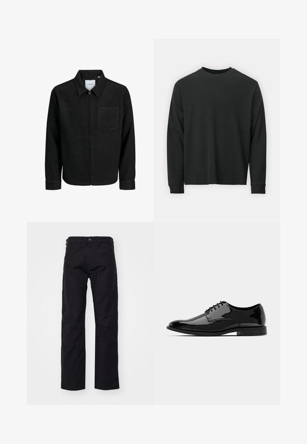 Mustaga lukuga jakker, millel on krae ja üks rinna-tasku, esitatud valgel taustal.; Pika pikkade varrukatega must T-särk, mis on valmistatud puuvillast, ümarate kaelustega, lohvaka lõikega ja soonikute mansettidega. Sujuv tekstuur, ilma nähtavate mustriteta.; Mustad mustriga mustadest kangast püksid, sirge lõikega, esiküljel nupuga kinnitamine, vööde silmused ja küljetaskud. Tekstuur on sile ja vastupidav.; Mustan läikiva nahast kleitking, millel on ümar varvas, nööridega disain ja sile, läikiv pind. Omab madalat kummitalda.