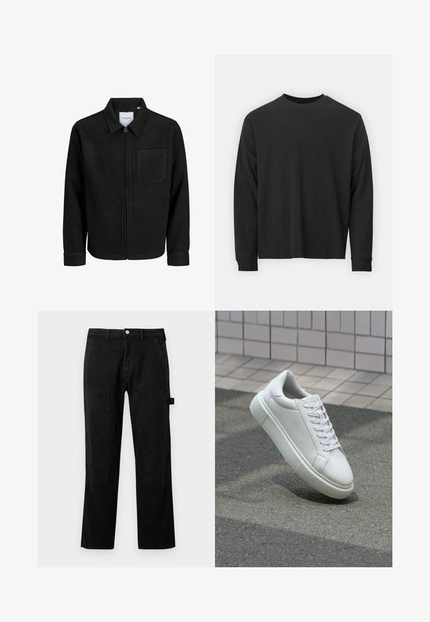 Črna jakna z zadrgo in ovratnikom ter enim žepom na prsih, prikazana na beli podlagi.; Dolga majica iz črnega bombaža z dolgimi rokavi, okroglim izrezom in ohlapnim krojem ter rebrastimi manšetami. Gladka tekstura brez vidnih vzorcev.; Črne bombažne hlače s ravnim krojem, ki vključujejo detajle na kolenih, gumb zapiranje in stranske žepke. Gladka tekstura, minimalističen dizajn.; Bela usnjena teniska obutev z gladko površino, okroglo konico in ravnimi belimi vezalkami. Ima teksturiran gumijast podplat in minimalne oblikovalske elemente.